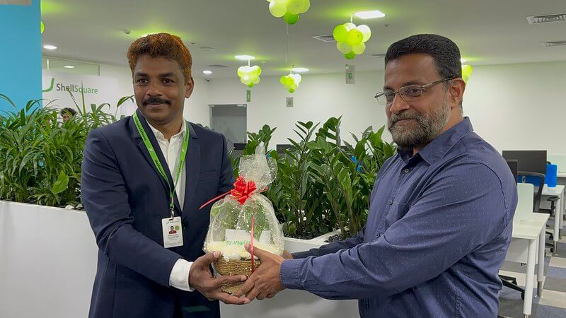 CEO Technopark, Col. Sanjeev Nair (Retd.) congratulates ShellSquare founder and director, Mr. Arun Surendran, on the inauguration of ShellSquare's new office space at Technocity.