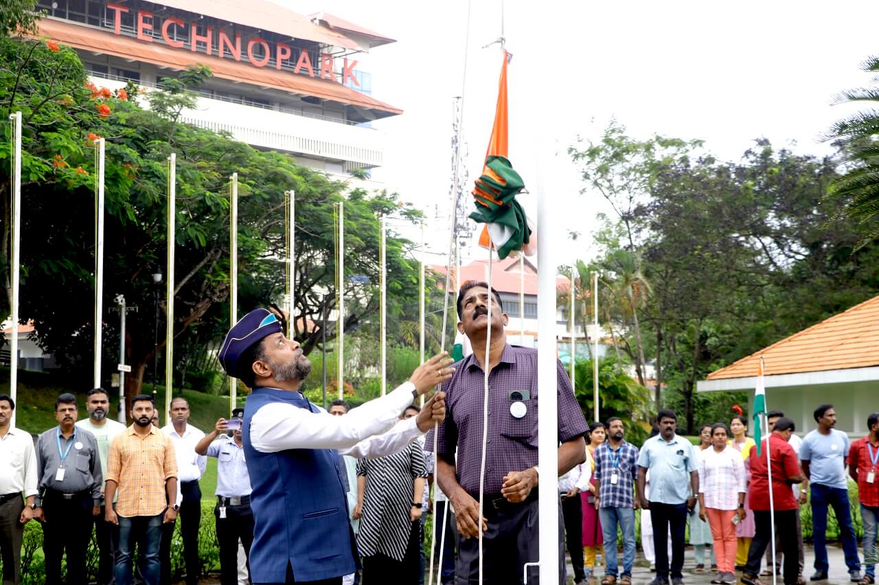 CEO Technopark, Col Sanjeev Nair (Retd), hoisting the national flag at Phase I on Independence Day.