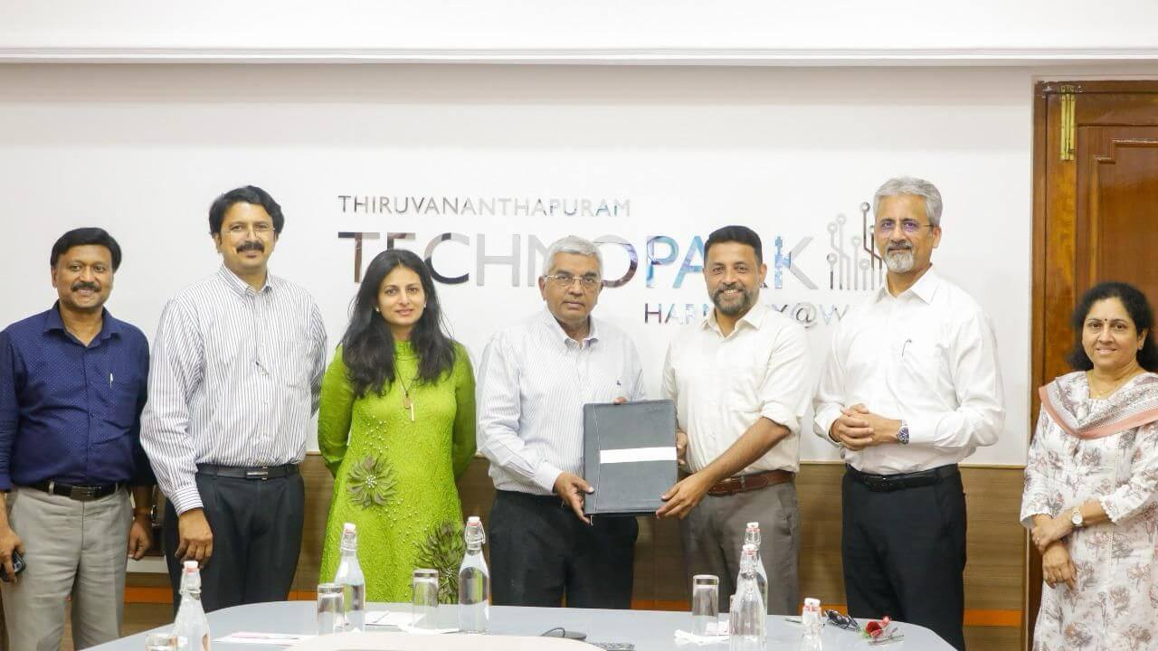 Col Sanjeev Nair (Retd), Mr. Madhavan Praveen, and Ms. Jayanthi Lekshmi of Technopark with Mr. Hrishikesh Nair, Mr. M. R. Jaishankar, Ms. Nirupa Shankar, and Mr. Vineet Verma from Brigade Group.